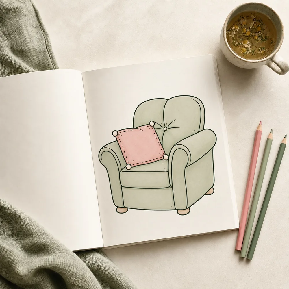 An open coloring book with a soft green armchair, colored pencils and a cup of tea